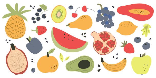 Healthy food concept. Colorful big collection with cute fruits. Flat vector illustration. - Вектор,изображение