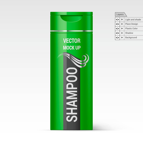 Green Plastic Shampoo Bottle Isolated on White Background. Vector Layers Mock up - Vektori, kuva