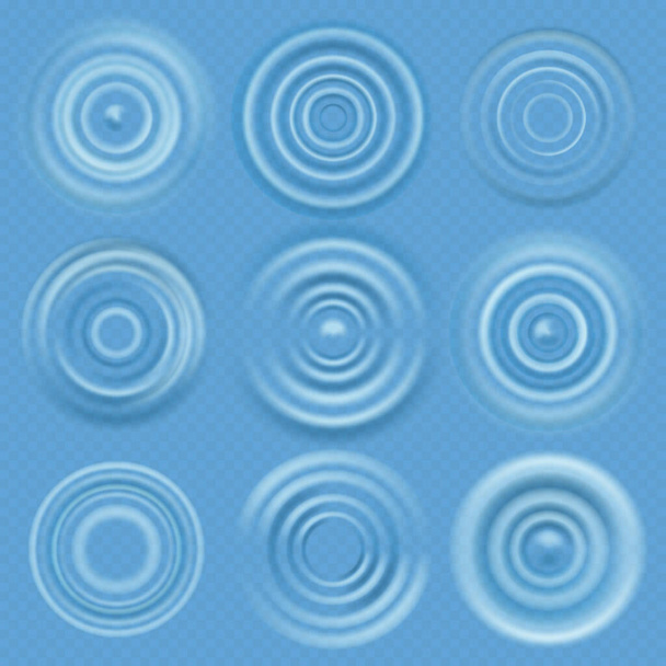 Ondata d'acqua. Cerchi concentrici realistici in pozzanghera. Superfici ad onda rotonda vettoriale su sfondo blu trasparente - Vettoriali, immagini