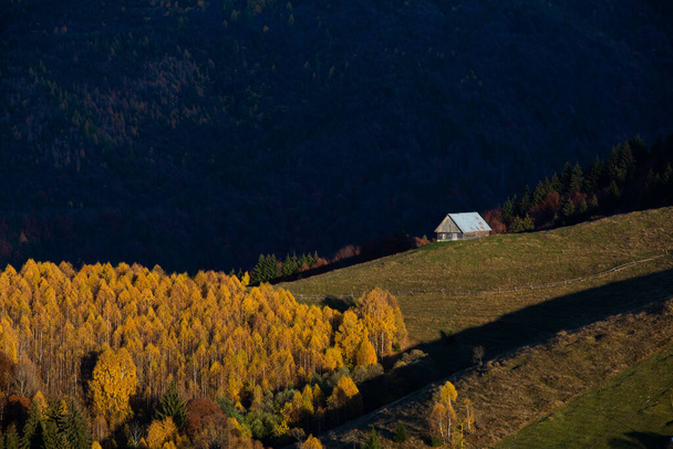 Ένα γοητευτικό ορεινό τοπίο στα βουνά Bucegi, Καρπάθια, Ρουμανία. Φθινόπωρο φύση στο Moeciu de Sus, Τρανσυλβανία - Φωτογραφία, εικόνα