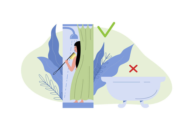 Vrouw vermindert het gebruik van water door korte tijd te douchen. Duurzame levensstijl. Platte vectorillustratie. - Vector, afbeelding