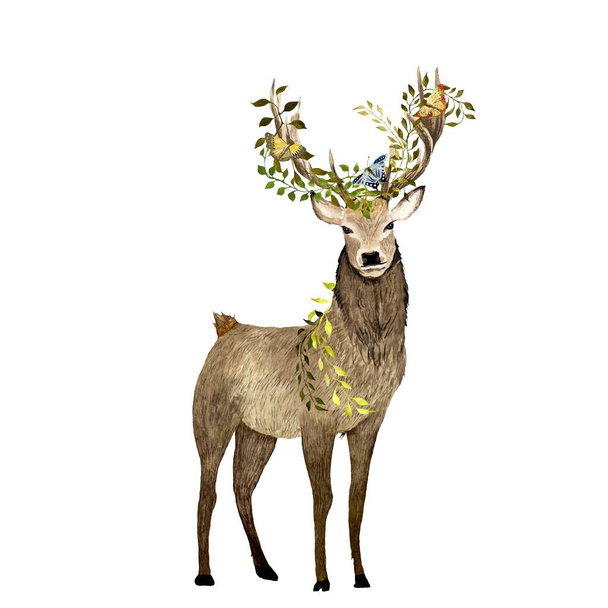 Brown deer with lianas butterflies. Elegance a watercolor illustration. Isolated on white background. Picture for to use in design, home decor, fabrics, prints, textile, cards, invitations, banners.  - Photo, Image