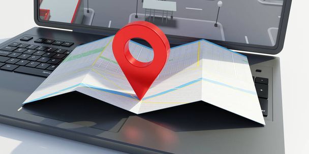Navigációs alkalmazás. Térkép egy laptopon. Vörös kitűző ikon a címen. 3d rende - Fotó, kép