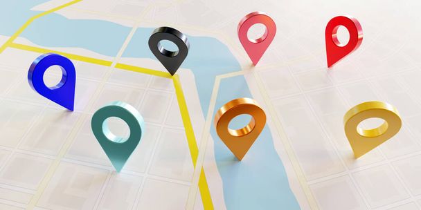 Colorful Location pin icons on a map background, GPS navigation pointers, place position markers. 3D render - Photo, Image