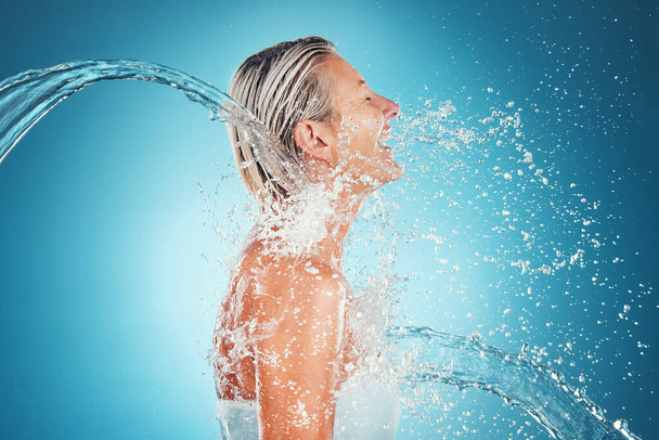 Water splash, laughing and model woman happy about wellness, water and skin beauty. Happiness of a person with happiness, healthy skincare routine and shower ready for the morning with a smile. - Foto, Imagem