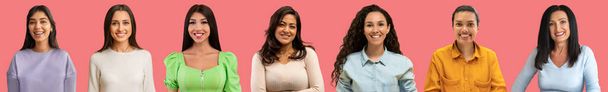 Műtermi portrék gyűjteménye csinos fiatal és érett közel-keleti hölgyekről, akik rózsaszín háttérrel pózolnak, mosolyognak a kamerára, kollázsra, web-bannerre közel-keleti üzletasszonyok számára - Fotó, kép