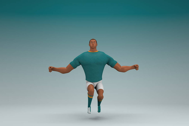 Спортсмен в зеленой рубашке и белых штанах прыгает. 3D визуализация персонажа мультфильма в актерской игре. - Фото, изображение