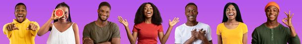 alegre millennial negro hombres y mujeres en elegante casual trajes posando sobre púrpura estudio fondo, sonriendo, gesto, divertirse, conjunto de fotos positivas, collage, web-banner - Foto, imagen