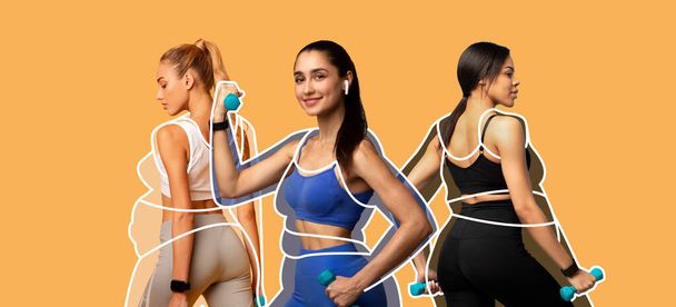 Workout at gym. Smiling slender caucasian, arabic and black young female athletes in sportswear, overweight ladies drawn around, on orange background, panorama. Body care, slimming and lifestyle - Foto, Imagem