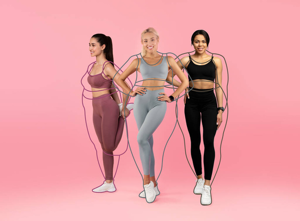 Smiling slim multiethnic millennial female athletes in sportswear, overweight ladies drawn around, doing exercises on pink background, collage, studio. Workout in gym, body care, ad and sports offer - Φωτογραφία, εικόνα