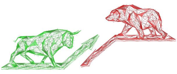 Il toro verde e l'orso rosso stanno sulle frecce della crescita e del declino. Disegno poligonale di linee e punti. - Vettoriali, immagini