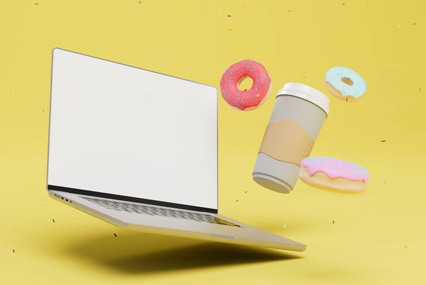 Λατρεύω το φαστφουντάδικο. ένα φορητό υπολογιστή, ένα φλιτζάνι καφέ και ντόνατς με πολύχρωμο γλάσο σε κίτρινο φόντο. 3D απόδοση. - Φωτογραφία, εικόνα