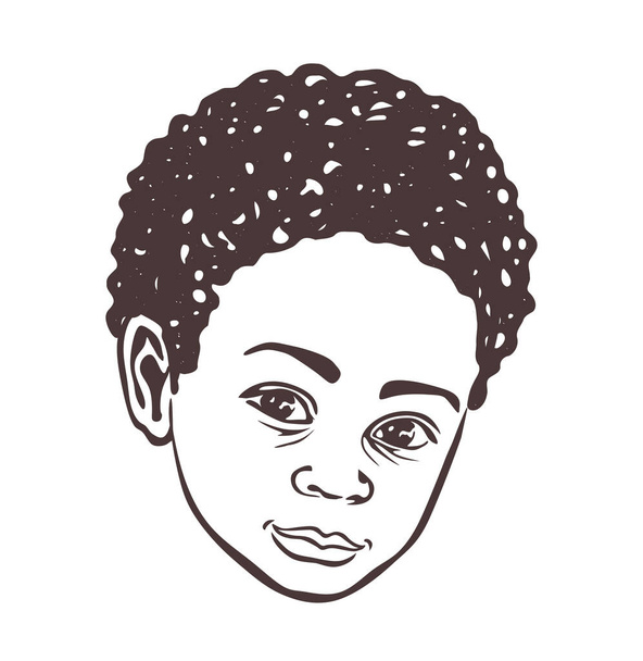 Brown negro afroamericano pequeño niño príncipe perfil cara cabeza retrato stencil.Cute bebé silueta dibujo, rizado ondulado hair.Afro niños hairstyles.Curls.T camisa print.Plotter láser cut.DIY  - Vector, Imagen