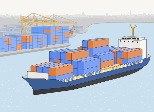 Transport logistics, ship port. Cargo ships at sea shipping goods to seaport. Commerce water freight delivery concept. Ocean tanker with containers and dock with cranes. Import export business service - Vector, Image