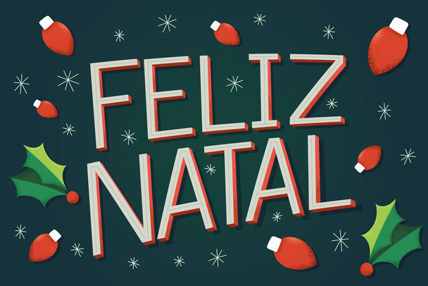 Buon Natale Illustrazione in portoghese brasiliano con luci di Natale e Ice Flake. Sfondo verde. Traduzione - Buon Natale. - Vettoriali, immagini