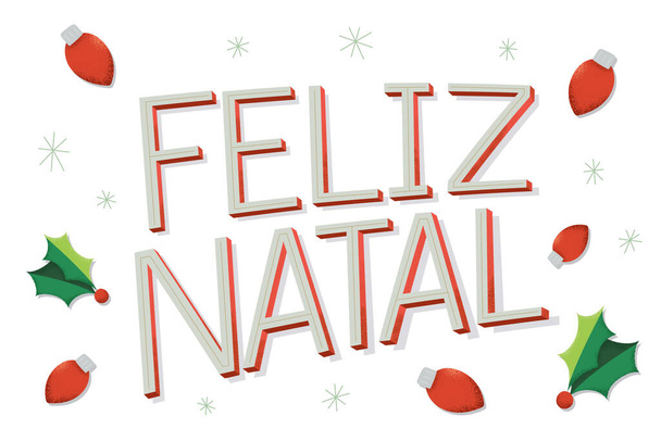 Buon Natale Illustrazione in portoghese brasiliano con luci di Natale e Ice Flake. Sfondo bianco. Traduzione - Buon Natale. - Vettoriali, immagini