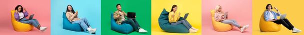 Diverse Happy People Relaxing In Bean Bags With Different Gadgets Over Colful Background, Happy Multiethnic Men And Women Using Modern Devices For Leisure, Creative Collage, Panorama - Fotografie, Obrázek