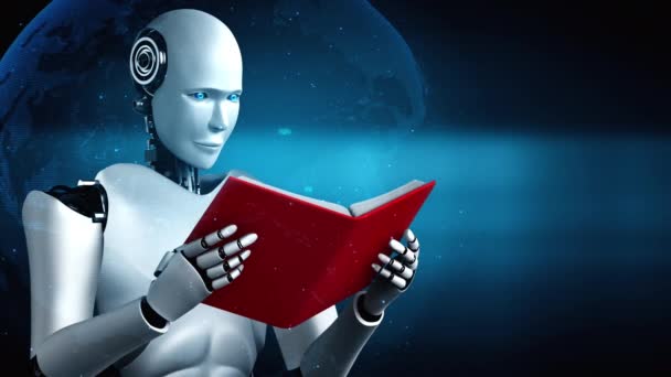 Representación 3D del libro de lectura de hominoides robot y resolución de análisis de datos matemáticos en concepto de futuras matemáticas: inteligencia artificial, minería de datos y cuarta revolución de automatización industrial . - Metraje, vídeo