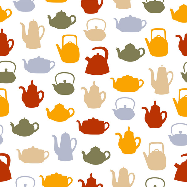 Teapots and kettles seamless pattern. Colorful objects on white background. Kitchen utensil background.  - Wektor, obraz