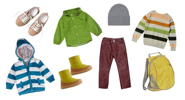 Boy's clothes, male kid's fashion clothing isolated. Child's wear set. Autumn,winter outfit. - Фото, изображение