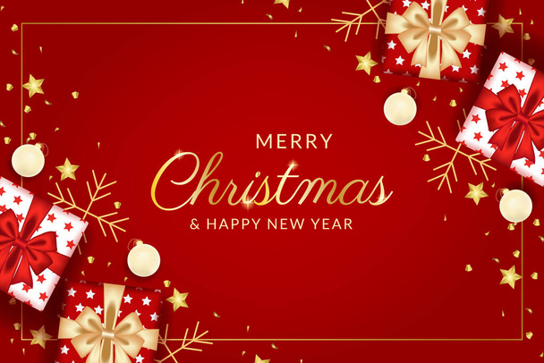 Boldog karácsonyt és boldog új évet üdvözlő kártya realisztikus piros dekoráció - Vektor, kép