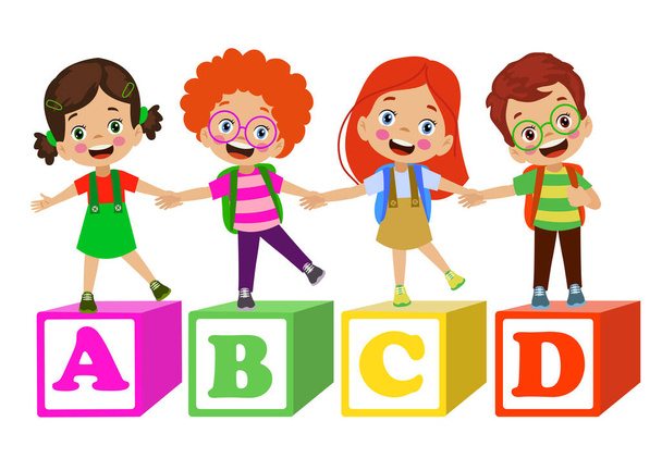 Buchstabenwürfel und niedliche Kinder - Vektor, Bild