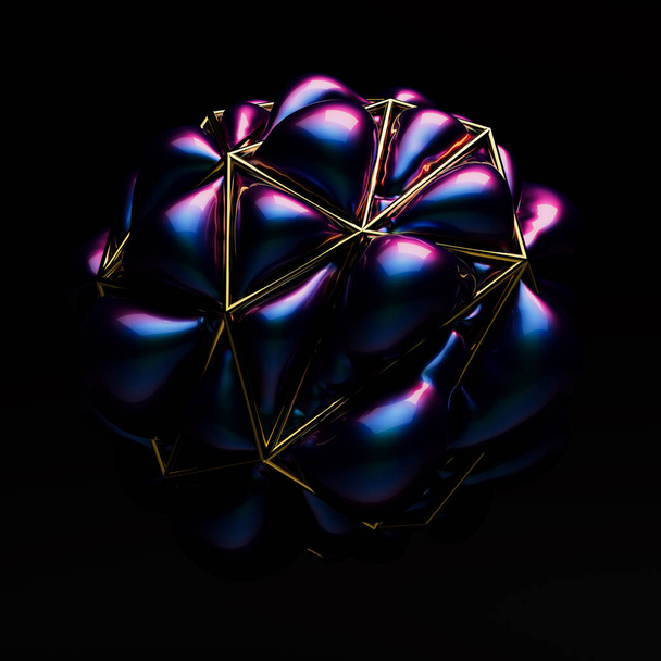 Kavramsal 3D, siyah arkaplan üzerinde genişleyen çok renkli balon şekilli altın kafes.. - Fotoğraf, Görsel