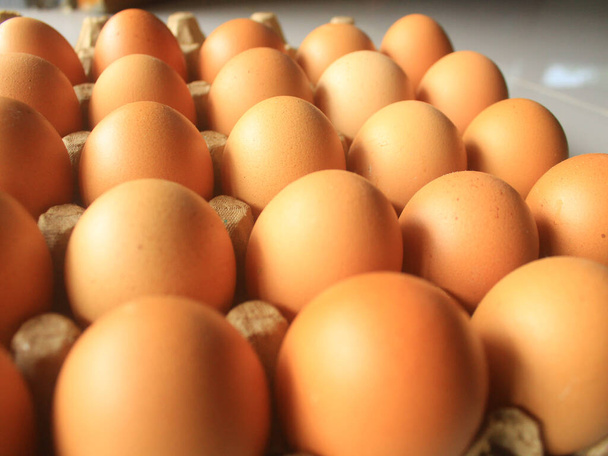 Huevos de pollo crudos en bandeja de cartón, cerrar - Foto, imagen