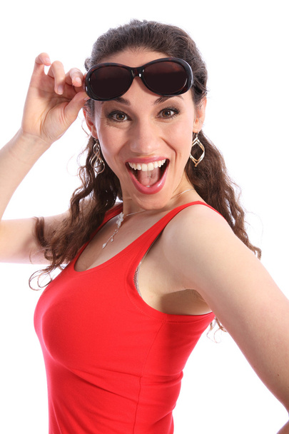 Laughing excited young woman happy in sunglasses - 写真・画像