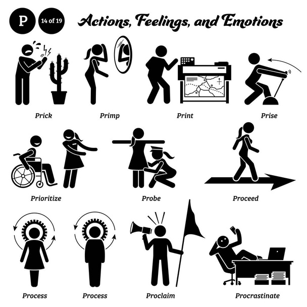 Stick figure human people man action, feelings, and emotions icons alphabet P. Prick, primp, print, prise, prioritize, probe, proceed, process, proclaim, and procrastinate.  - Vector, Image