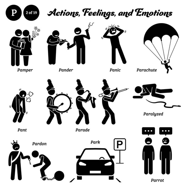 Stick figure human people man action, feelings, and emotions icons alphabet P. Pamper, pander, panic, parachute, pant, parade, paralyzed, pardon, park, and parrot.  - Vector, Image