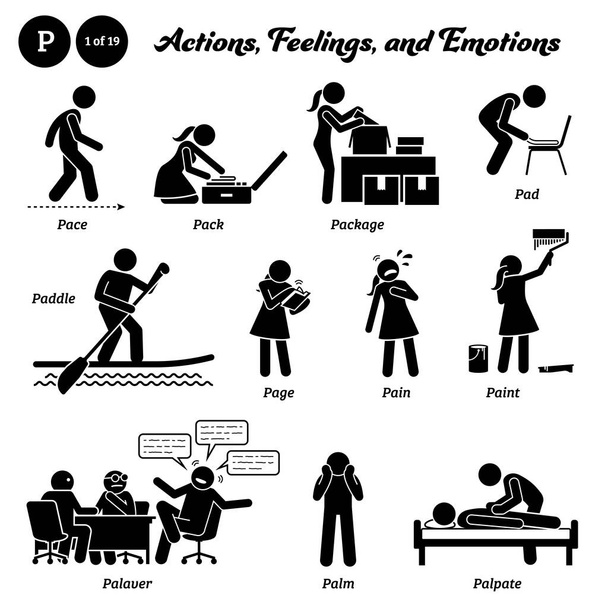 Stok figuur mensen man actie, gevoelens en emoties pictogrammen alfabet P. Pace, pack, pakket, pad, peddel, pagina, pijn, verf, palaver, palm, en palpate. - Vector, afbeelding