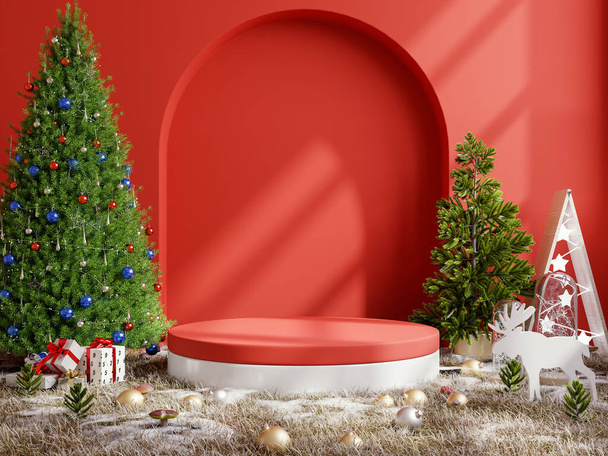 Product display podium met kerstboom in het bos gebied op rode muur achtergrond.3d rendering - Foto, afbeelding