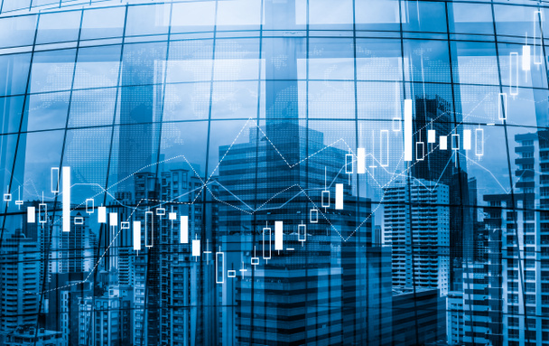 Financial graphs and digital indicators overlap with modernistic urban area, skyscrabber for stock market business concept. Double exposure. - Fotoğraf, Görsel