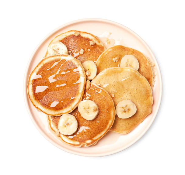 Tasty pancakes with sliced banana isolated on white, top view - Фото, зображення