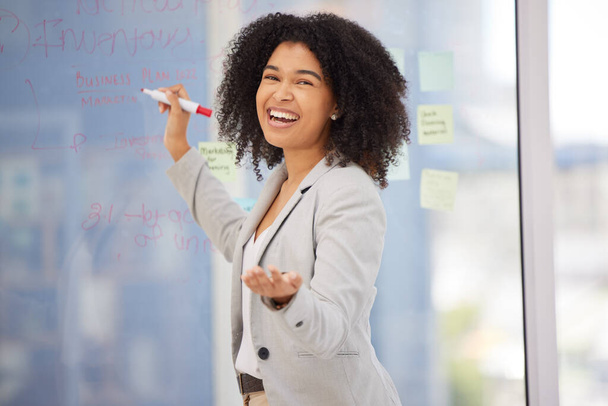 Black woman, leader and smile for coaching with sticky notes in meeting, question or workshop training at the office. Portrait of happy African American female business manager in post it planning. - Fotografie, Obrázek