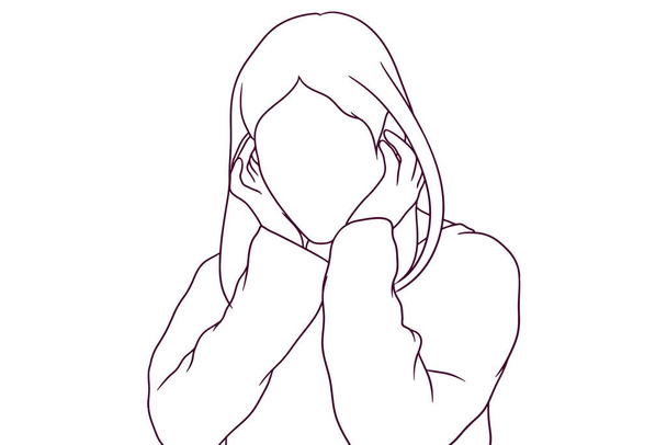 donna depressa tenere la testa. illustrazione vettoriale stile disegnato a mano - Vettoriali, immagini
