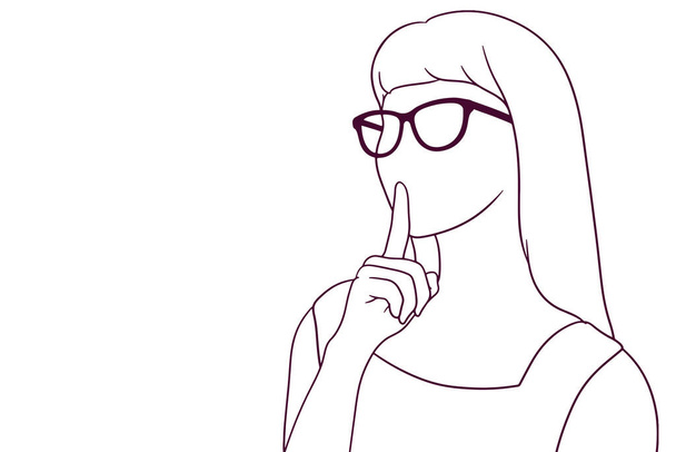 girl with glasses showing silence gesture hand drawn style vector illustration - Vector, Image