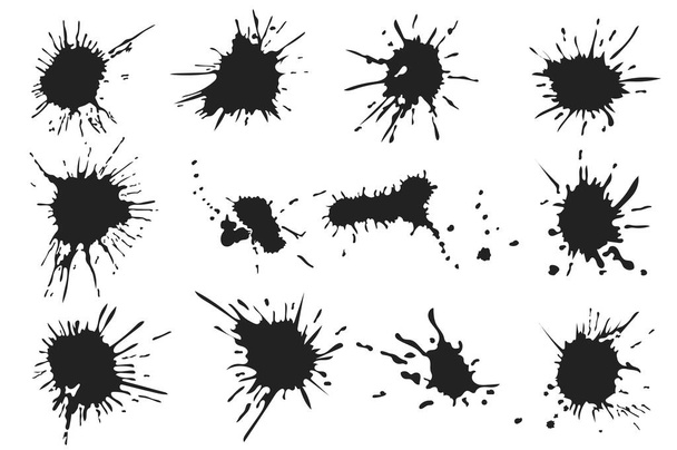 Ink stains set in cartoon design. Bundle of different shapes of grunge texture decorative shapes of paint, liquids splashes with splatters and drips effect isolated flat elements. Vector illustration - Vector, Image