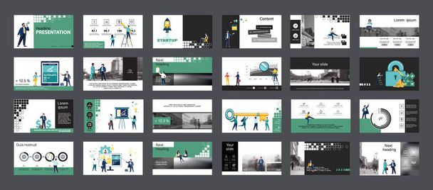 Επιχειρηματική παρουσίαση, powerpoint, έναρξη ενός νέου επιχειρηματικού έργου. Infographic design template, πράσινα στοιχεία, λευκό φόντο, set. Μια ομάδα ανθρώπων δημιουργεί μια επιχείρηση, ομαδική δουλειά. Εφαρμογή για κινητά, web, booklet, γραφείο, εργασία, infographic, SEO, φυλλάδιο - Διάνυσμα, εικόνα