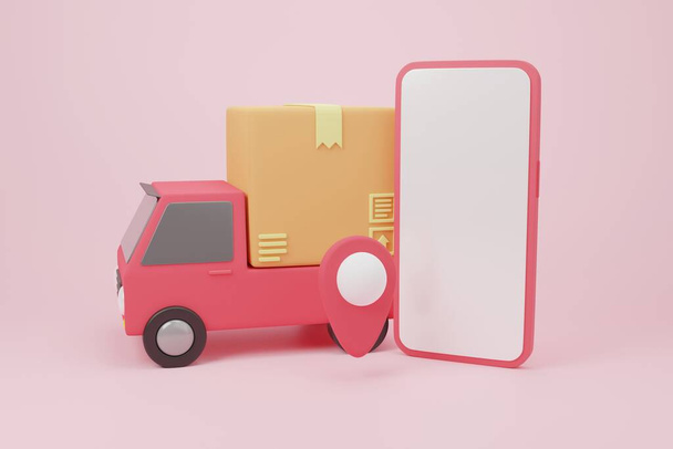 3D vykreslování ilustrace Cartoon minimální dodávka kamion naložený s kartonovou krabicí a smartphone cargo box logistika a doručovací balíček, on-line dodací služby koncept. Rychlá dodávka - Fotografie, Obrázek