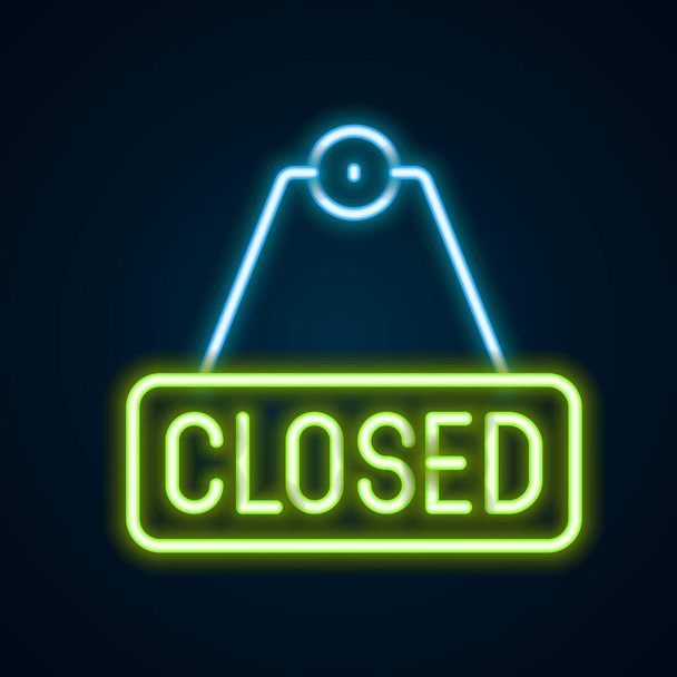 Glowing neon line Hanging sign with text Closed icon isolated on black background. Business theme for cafe or restaurant. Colorful outline concept. Vector - Vector, Image