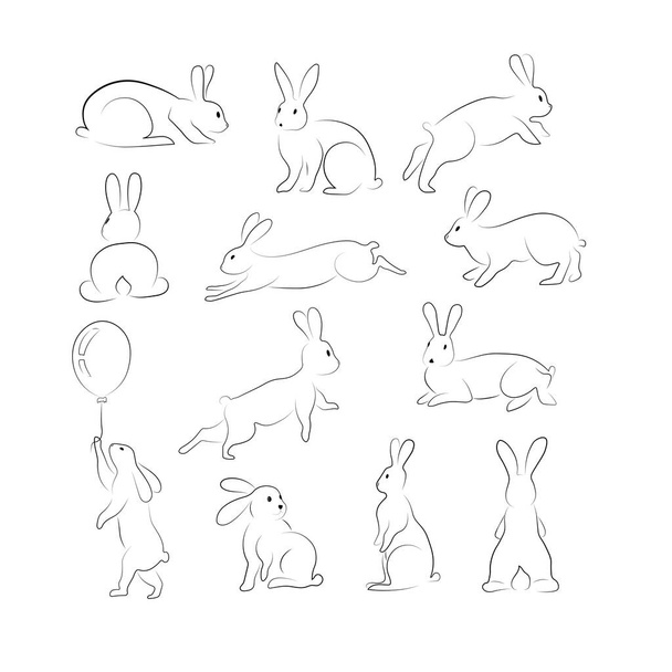 白を基調とした大きなウサギの輪郭線画、 2023年のデザインのためのさまざまなポーズのシェア - ベクター画像