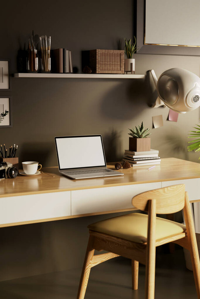 Interno soggiorno con spazio di lavoro e computer portatile su tavolo di lavoro con forniture per ufficio. Rendering 3d, illustrazione 3d - Foto, immagini