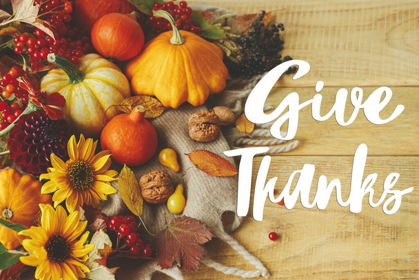 Give Thanks text on stylish pumpkins, autumn flowers, nuts, warm scarf composition on rustic wooden table. Happy Thanksgiving greeting card. Handwritten lettering - Photo, Image