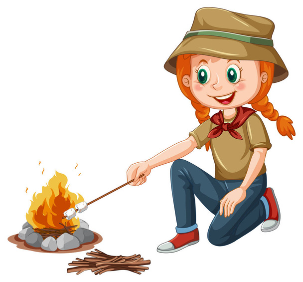 Camping menina assar marshmallow ilustração - Vetor, Imagem