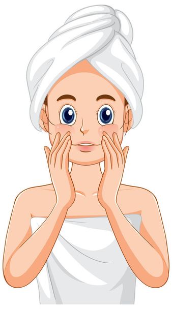 Une femme en serviette faisant visage massage illustration - Vecteur, image