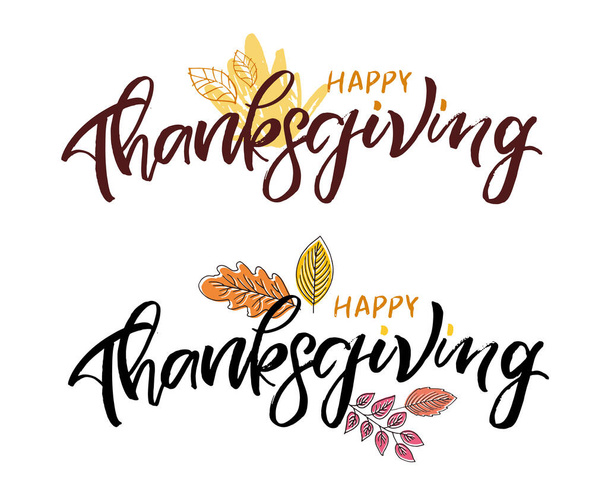 Gelukkige Thanksgiving dag - Wees dankbaar - Wees dankbaar - Turkije tijd - schattige handgetekende krabbel briefkaart. T-shirt design sjabloon met blad. - Vector, afbeelding