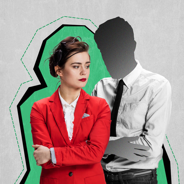 Contemporary art collage. Creative design. Beautiful business woman standing near mans silhouette. Love affair at work. Concept of relationship, emotions, love, crisis, psychology, love. - Fotoğraf, Görsel