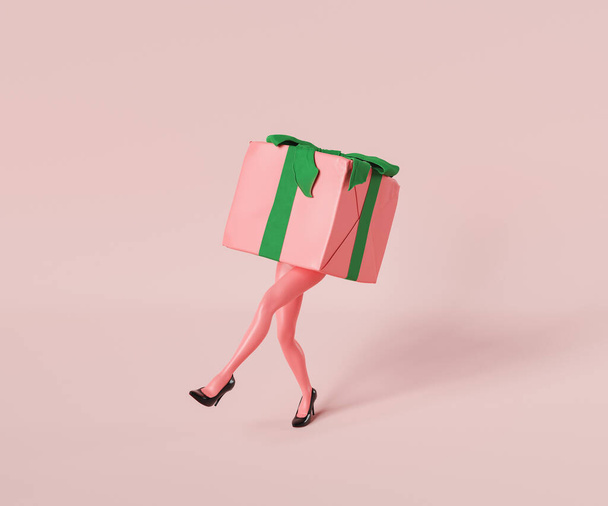 3D візуалізація загорнутого рожевого подарунка з зеленою стрічкою, що йде з жіночими ногами на чорних підборах на рожевому фоні
 - Фото, зображення